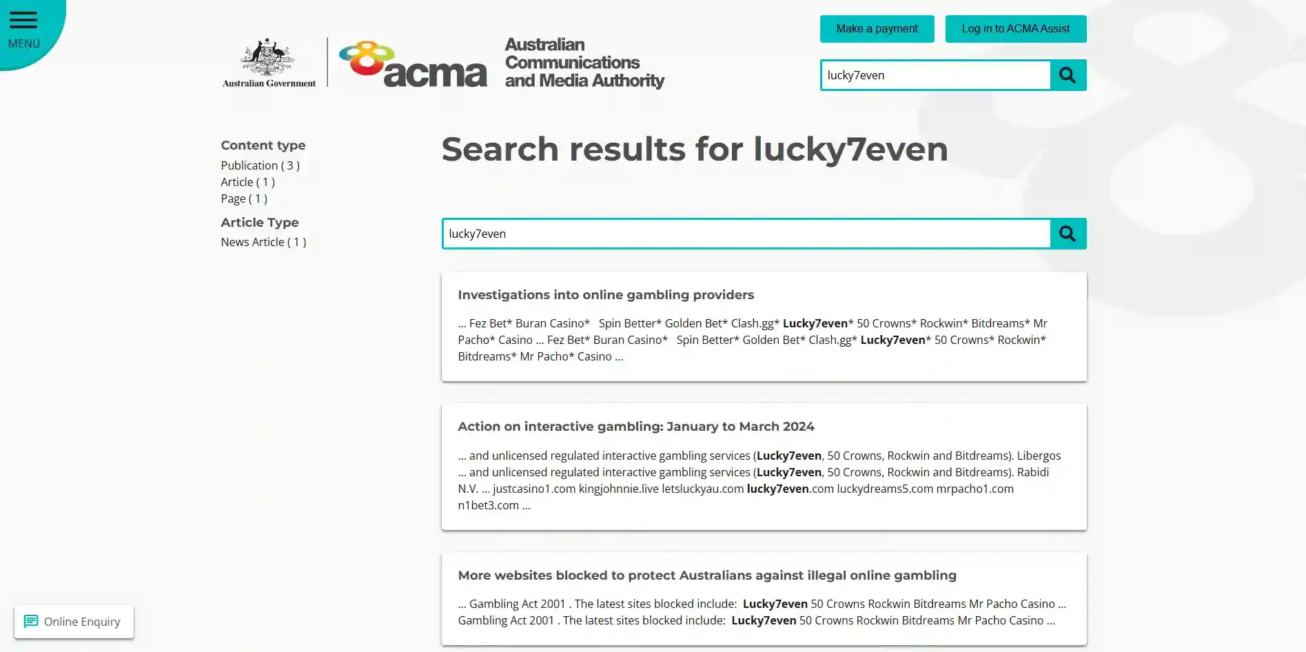 ACMA enforcement page identifying Lucky7even in 2024