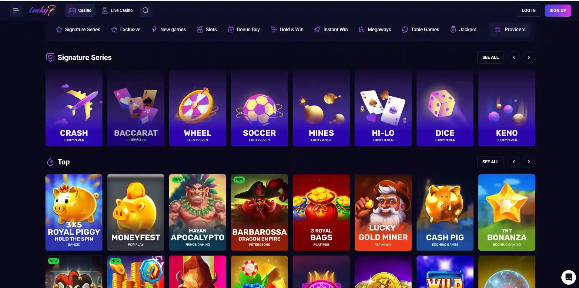 Lucky7even Australian game lobby showing pokies and category filters