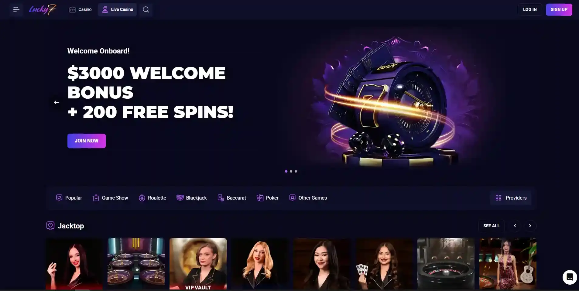 Lucky7even Australian live casino lobby showing live dealer categories and tables