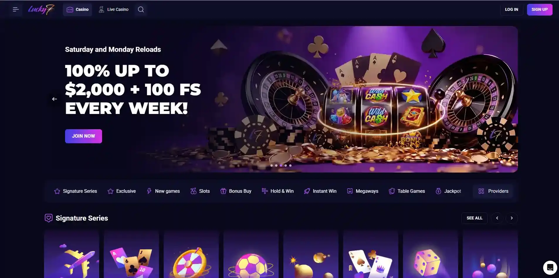 Lucky7even Australian-localised homepage interface