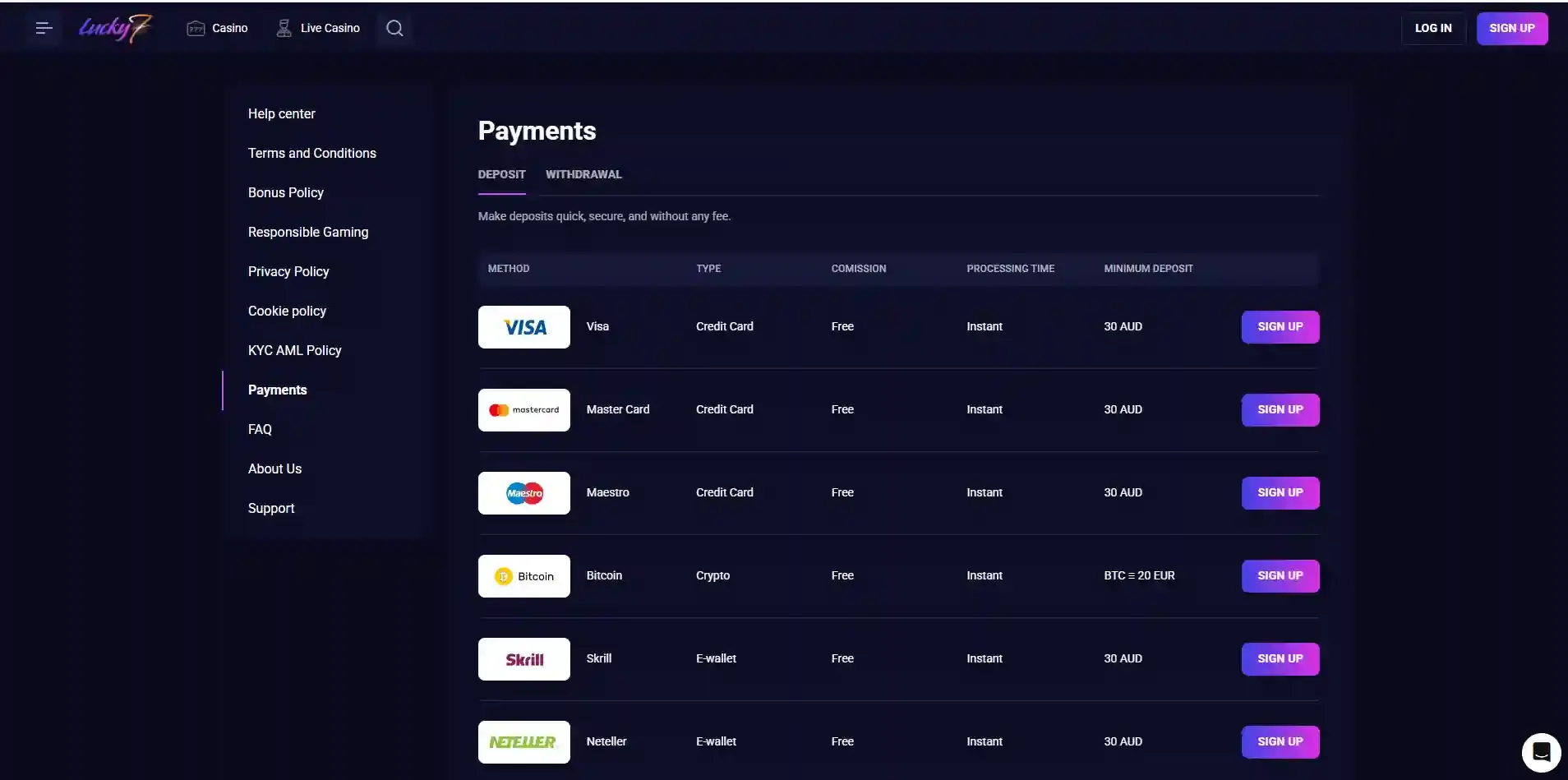 Lucky7even Australian payment methods page showing AUD deposit options