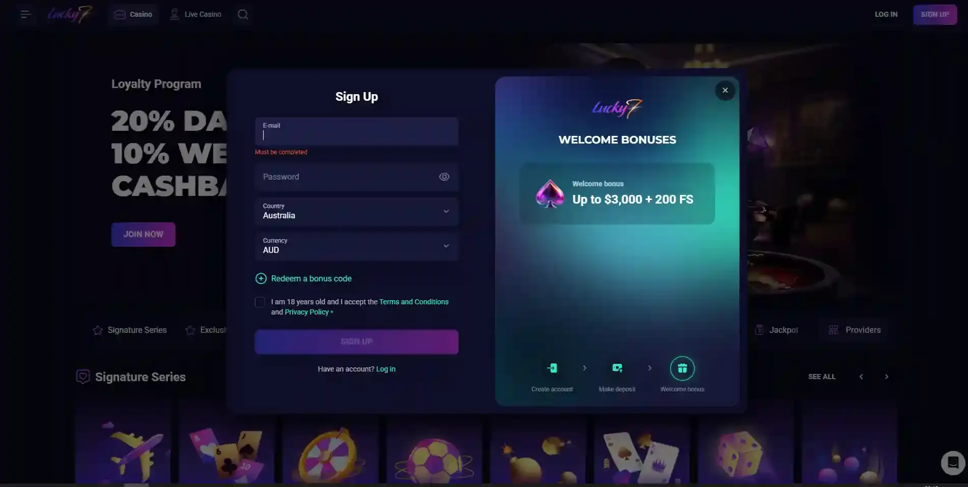 Lucky7even Australian registration interface without personal information