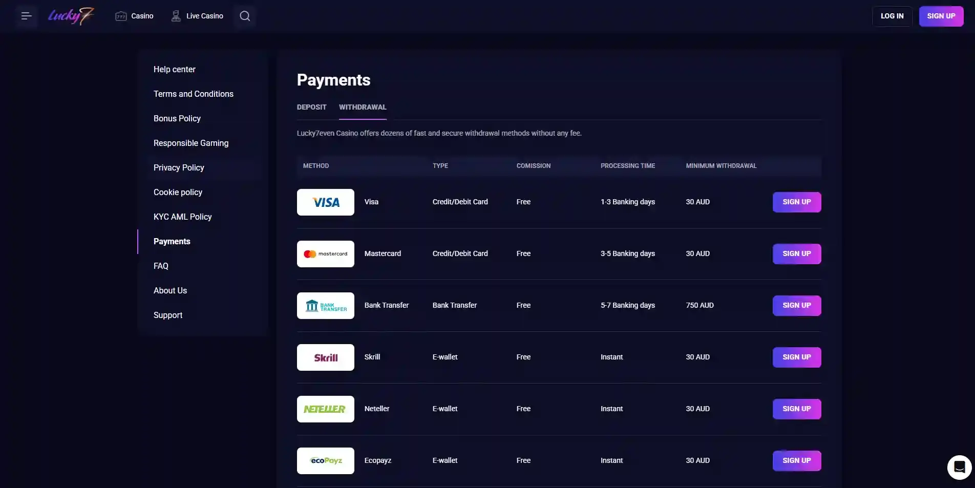 Lucky7even Cash Out interface showing withdrawal options