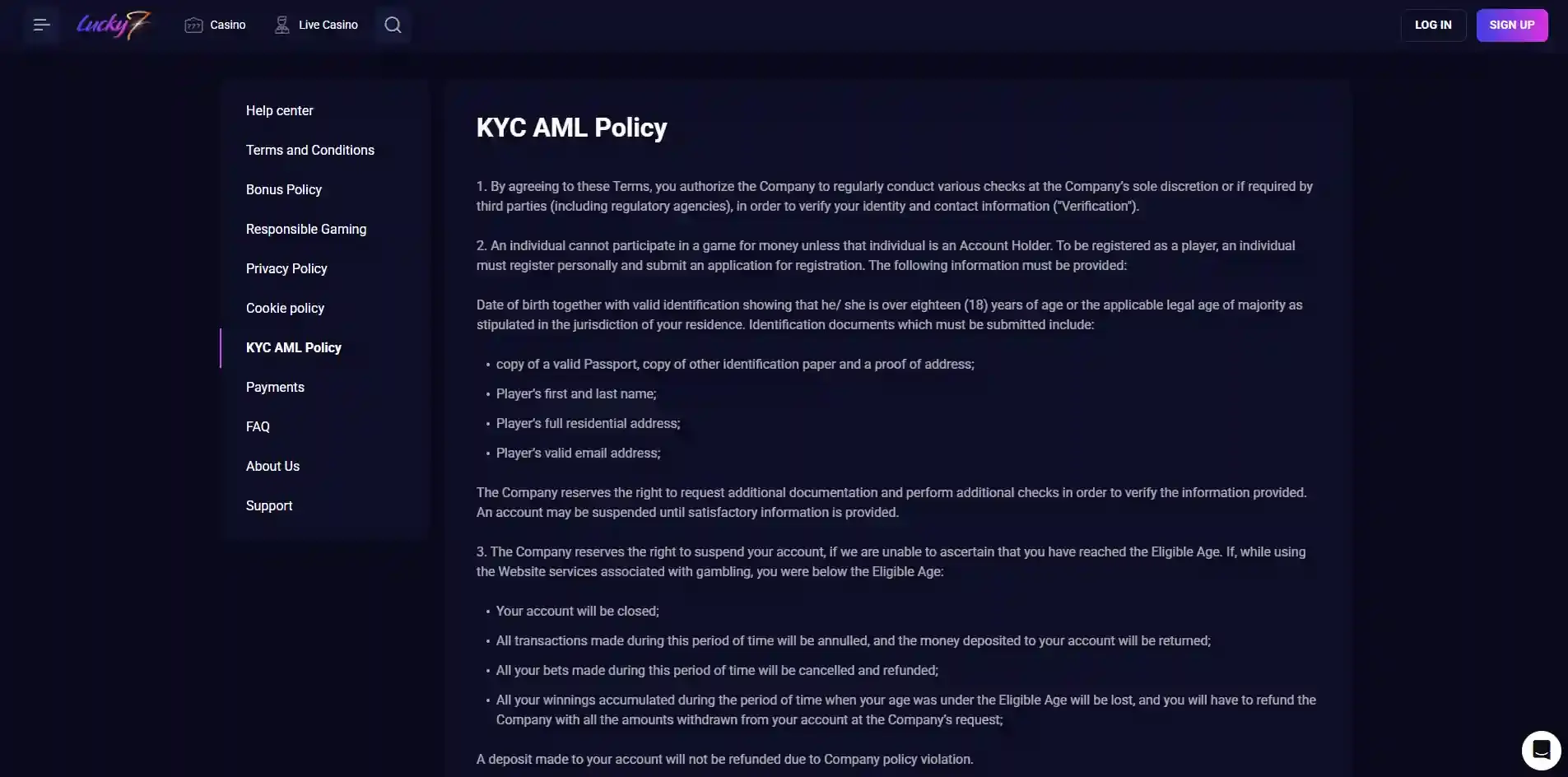 Lucky7even KYC and AML policy page without personal information